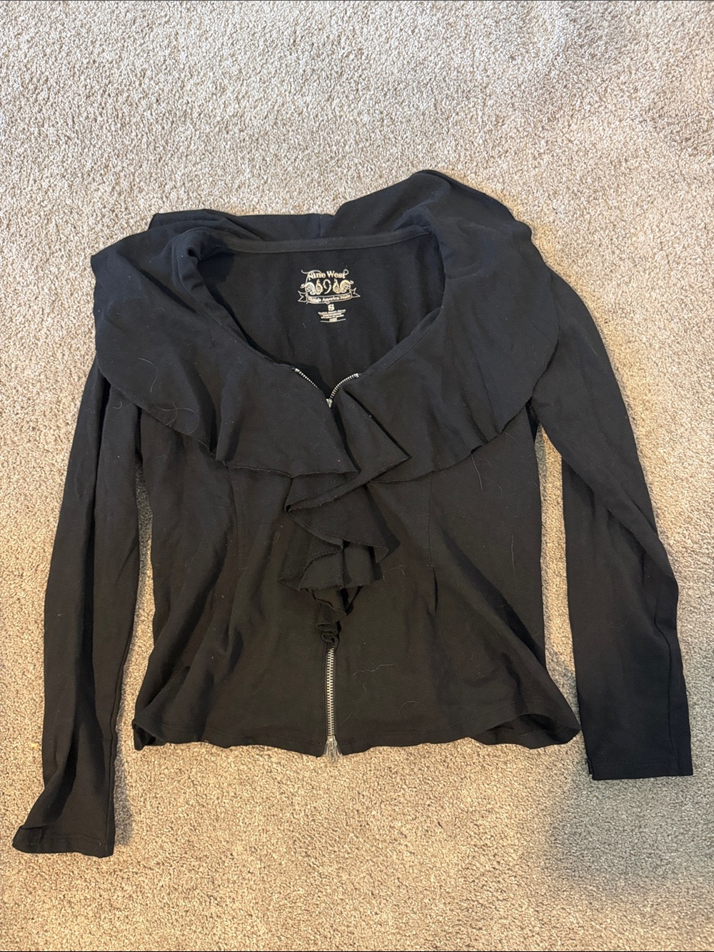 Nine West Black Ruffle Zip Front Hoodie